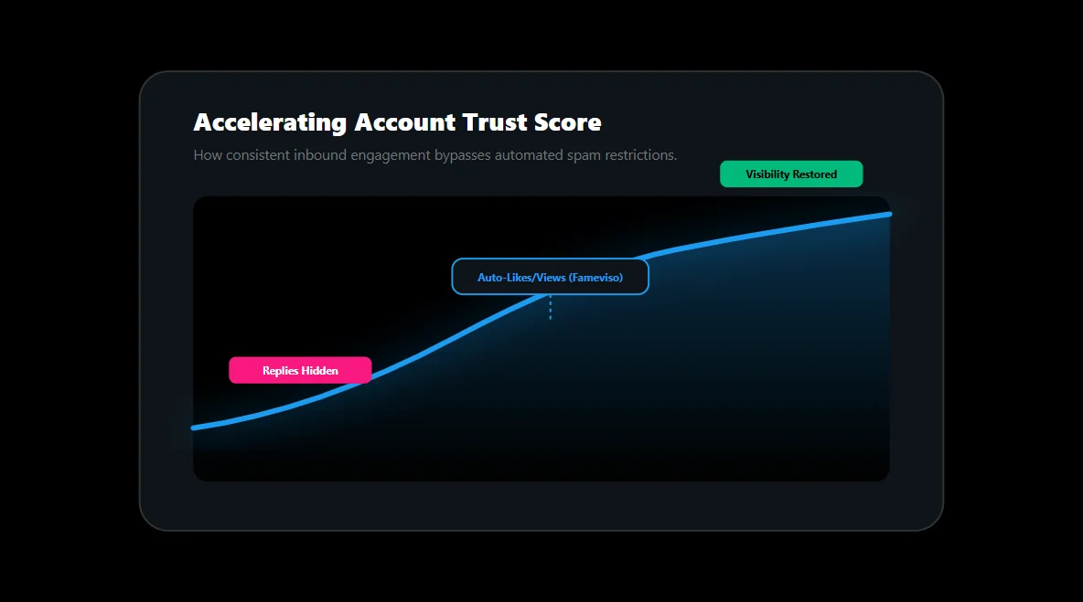 Graph visualizing how consistent inbound engagement accelerates an X account trust score and removes spam filters.