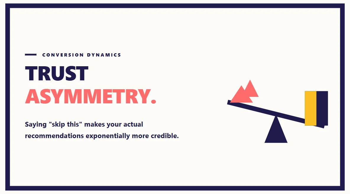 A bold geometric balance scale showing trust outweighing noisy promotional hype.