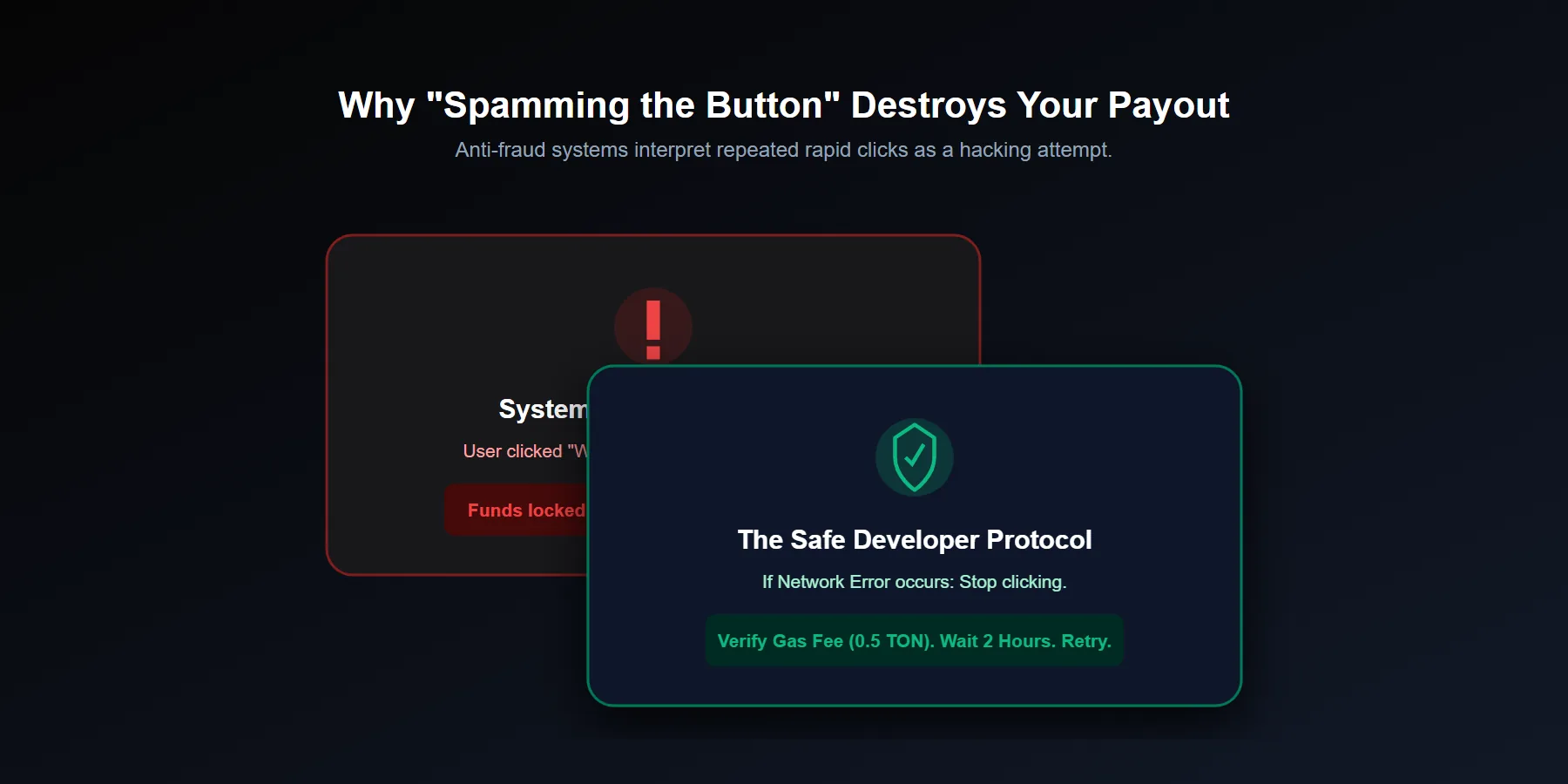 Terminal UI showing how to avoid common Telegram Stars withdrawal errors and security blocks
