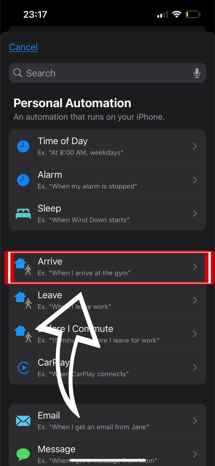 Choosing arrival as trigger