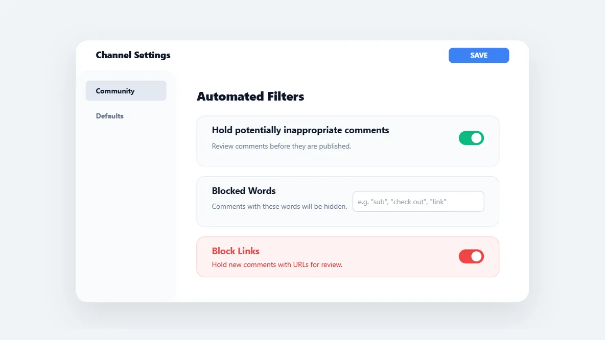 YouTube Studio interface showing channel moderation settings that hold suspicious viewer replies for review.