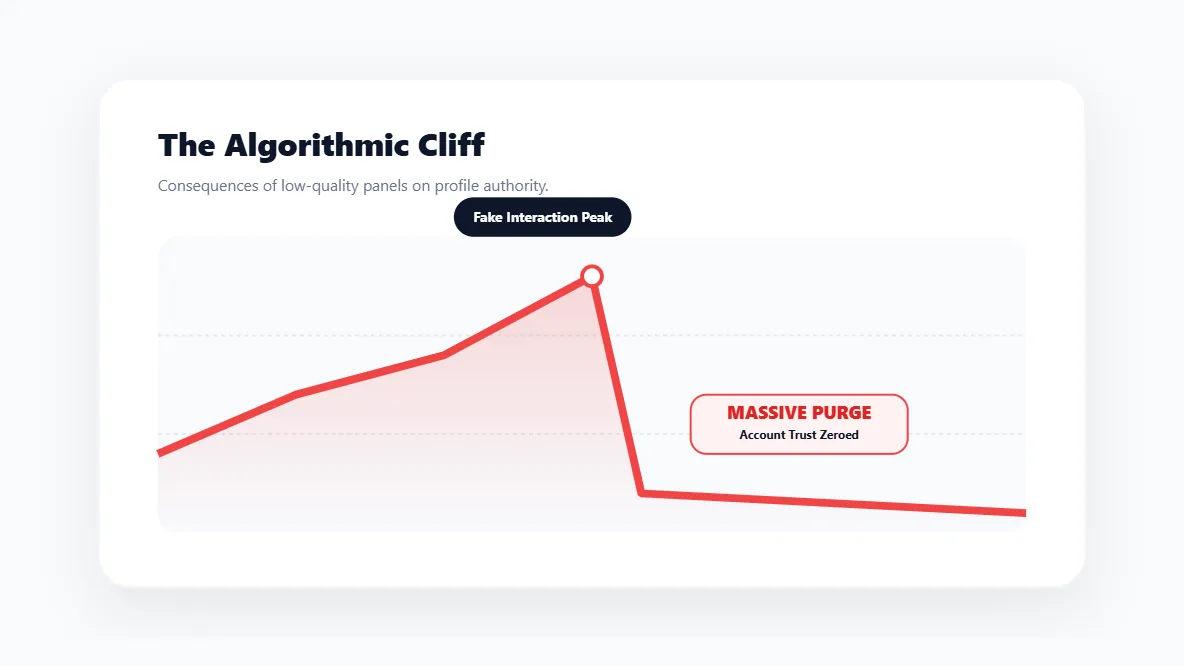 Analytics chart demonstrating the severe algorithmic consequences and sudden cliff drops caused by low quality growth strategies.