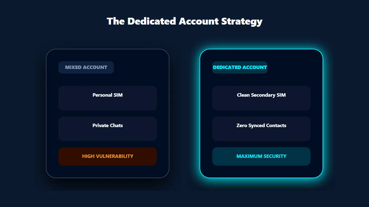 Architectural blueprint comparing a vulnerable mixed personal account to a highly secure dedicated Telegram identity.