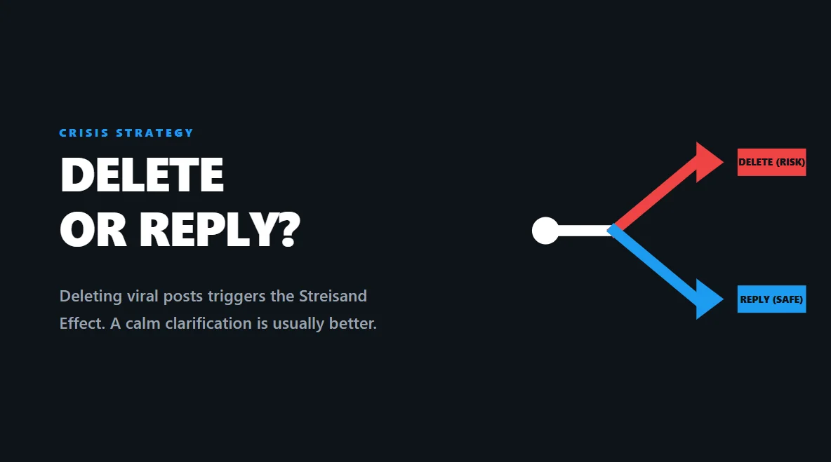 A decision tree style graphic outlining whether to delete or reply to a noted post.
