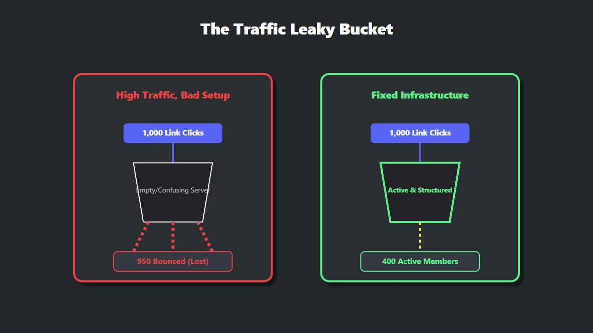 Infographic illustrating the leaky bucket problem where Discord servers drive traffic but fail to retain new members.