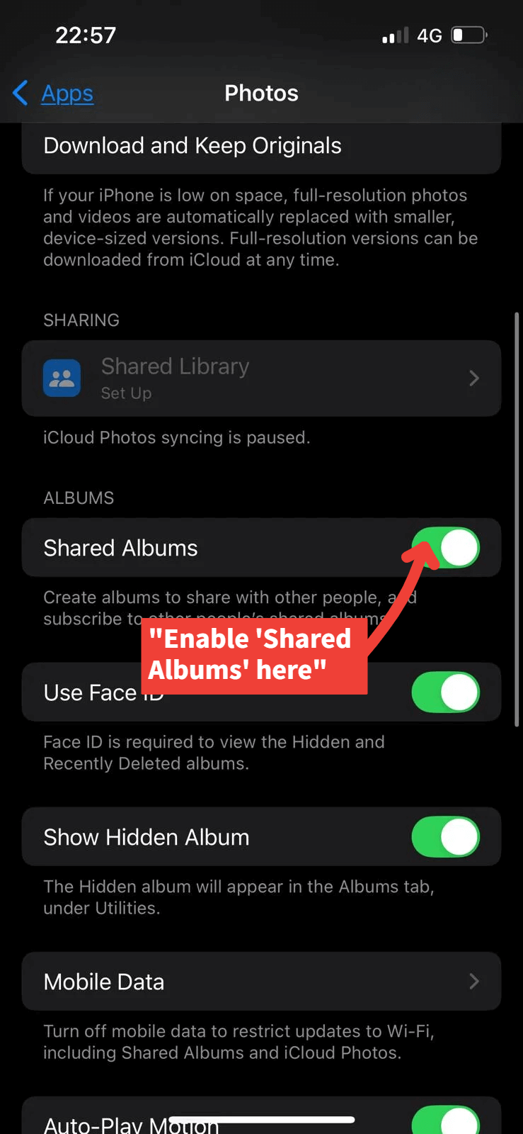 Enable Shared Albums in iPhone Photos Settings