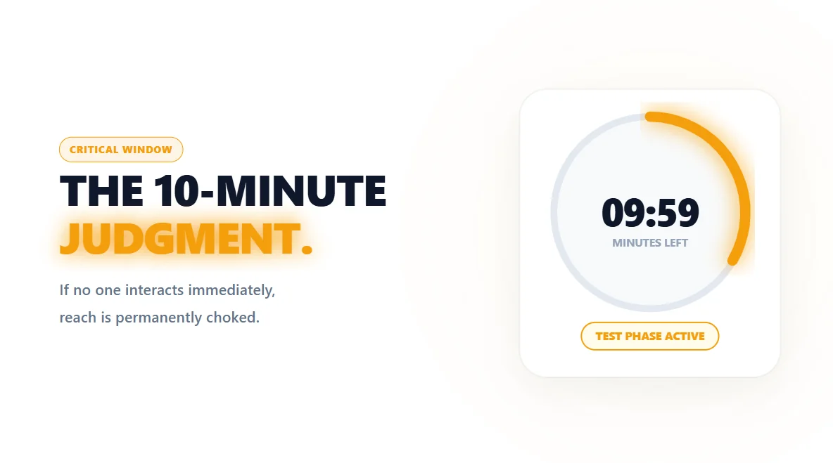Glowing neon timer representing the critical 10-minute engagement window that decides a Facebook post's reach.