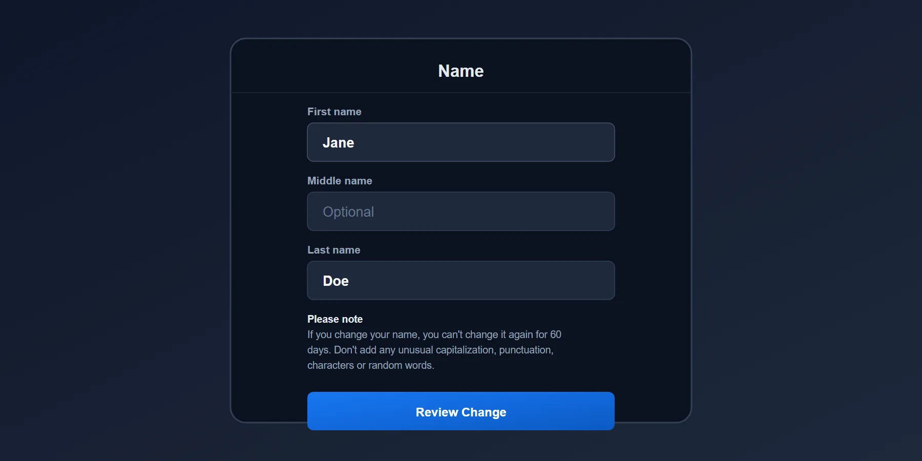 A screenshot of the Facebook edit name screen showing the first, middle, and last name text fields