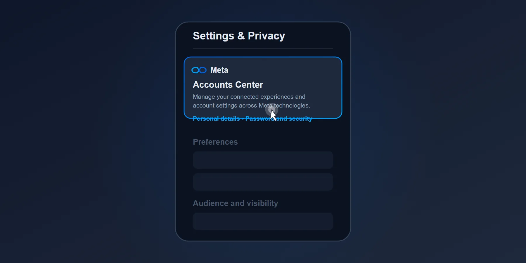 A screenshot showing how to access the Meta Accounts Center from the Facebook app settings menu