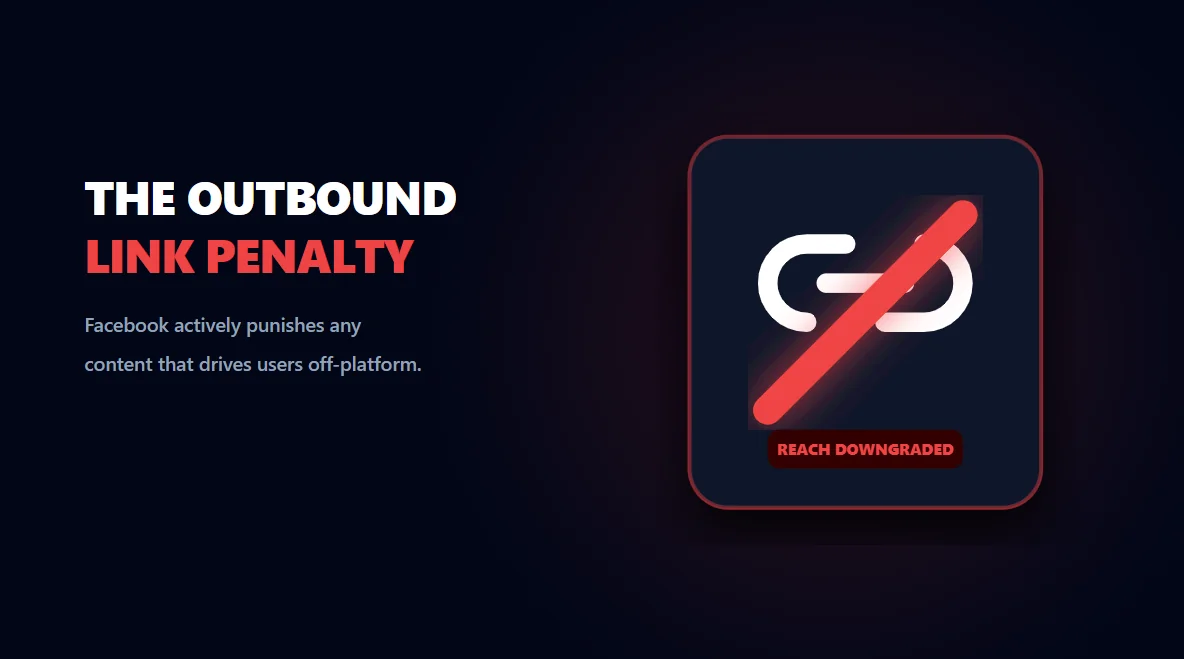 3D glass shield visual showing how outbound links destroy organic reach on Facebook by driving users off the platform.