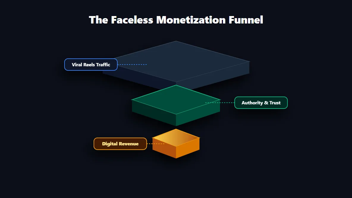 Isometric 3D funnel demonstrating how a faceless Instagram account converts raw traffic into digital revenue.