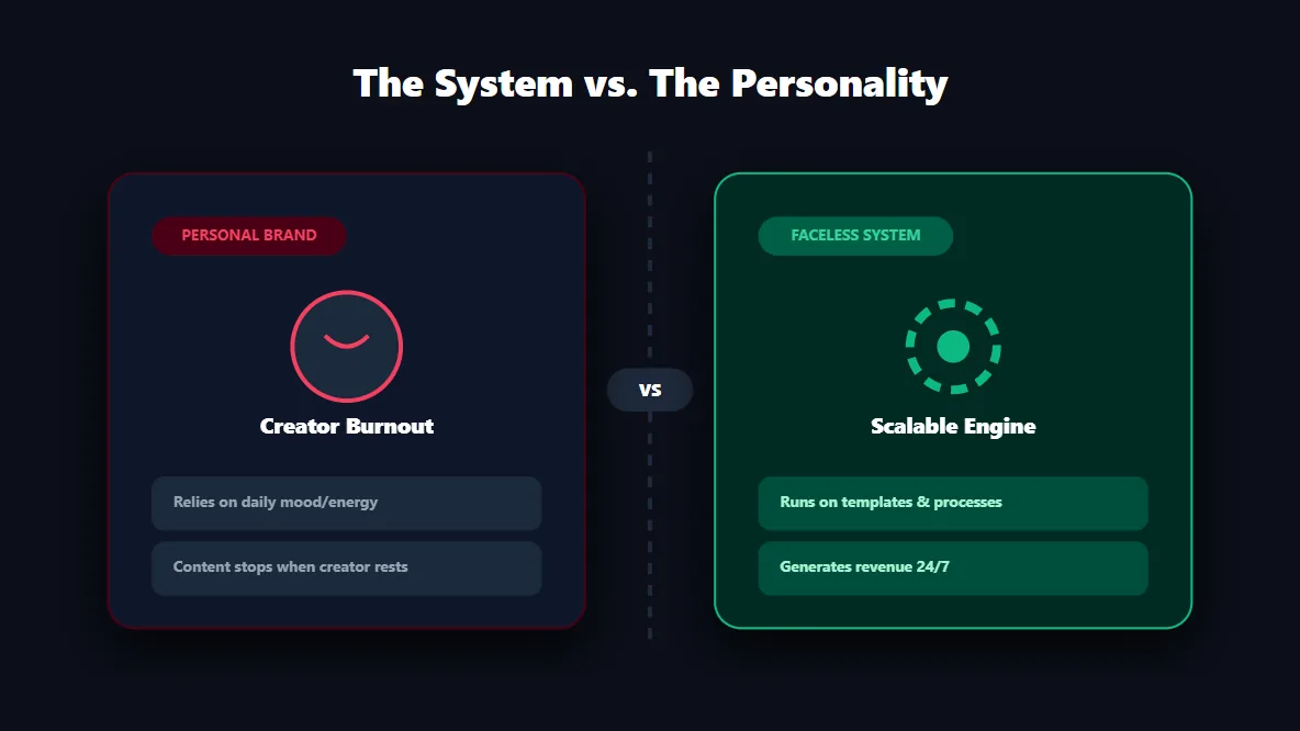 Comparison interface showing the scalable system of a faceless account versus the burnout risk of a personal brand.