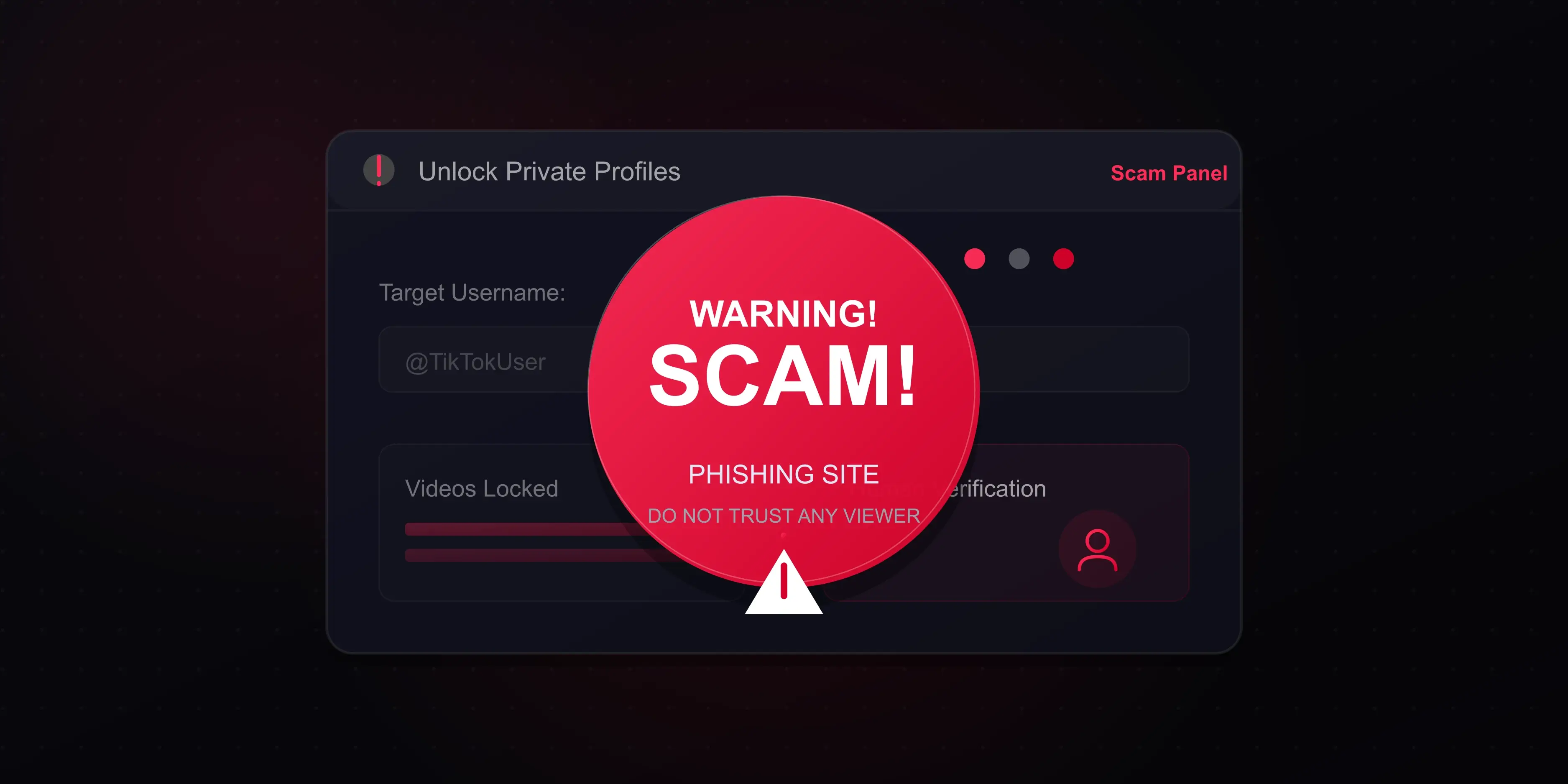 Warning sign over a fake third-party website claiming to unlock private TikTok videos