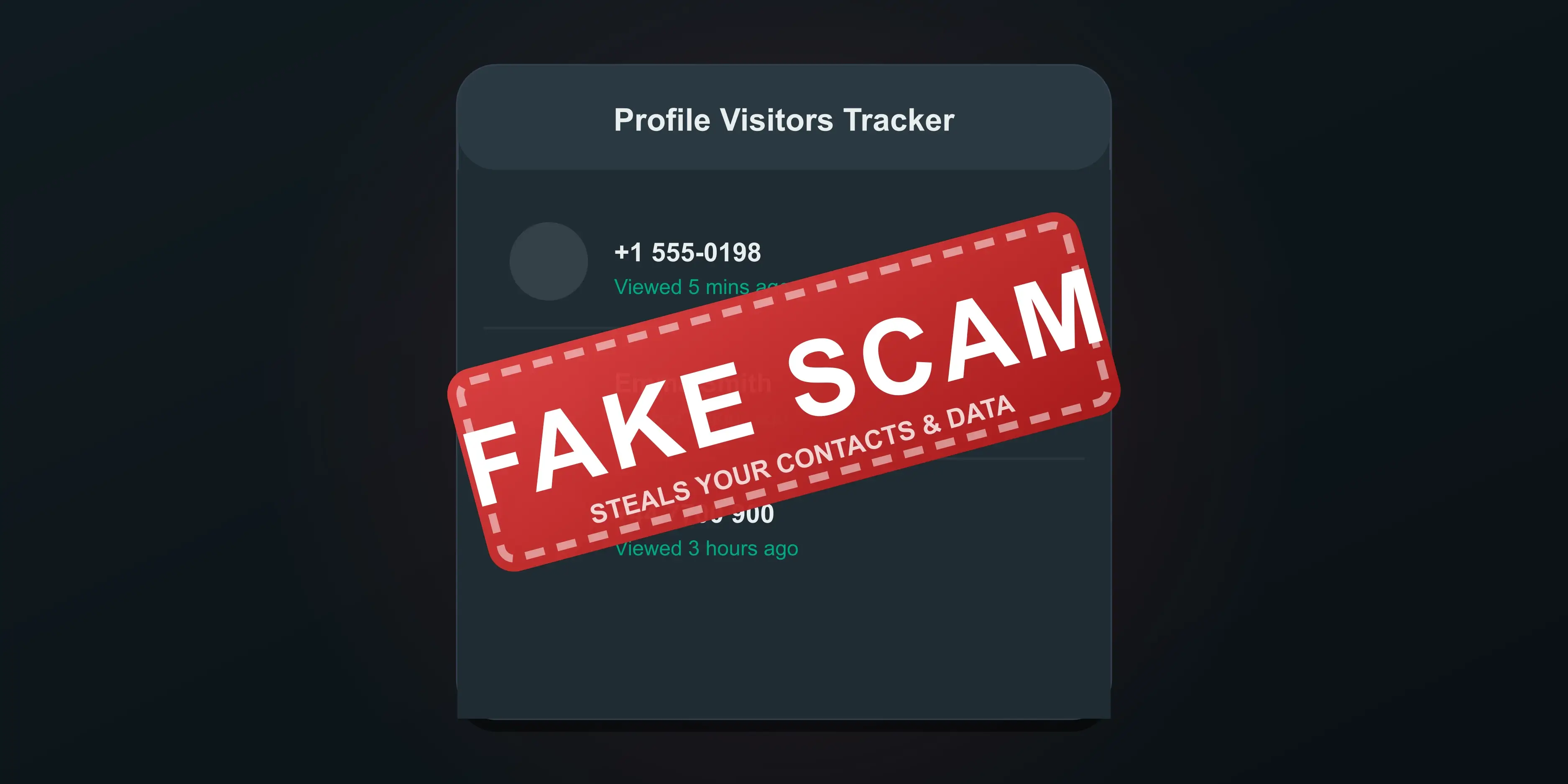 A screenshot of a fake WhatsApp profile viewer app showing fabricated lists of visitors