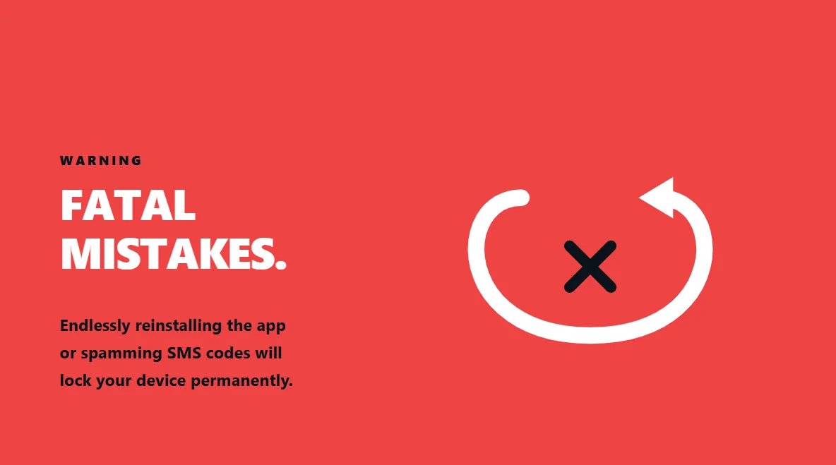 Red warning poster highlighting the fatal mistakes like spamming SMS codes that permanently lock WhatsApp accounts.