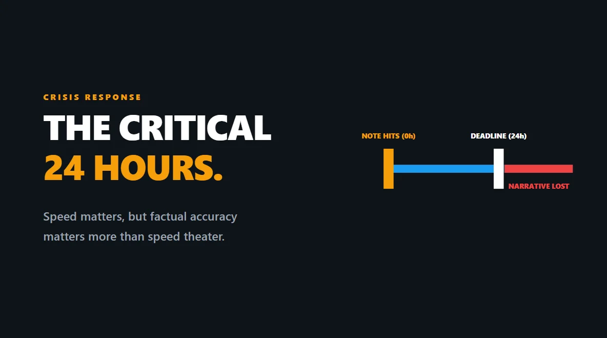 Minimalist clock graphic emphasizing the critical 24-hour window for brand crisis management.