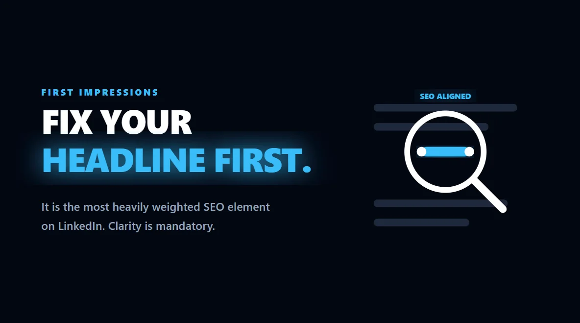Massive typographic highlight emphasizing the importance of fixing your LinkedIn headline to win first impressions.