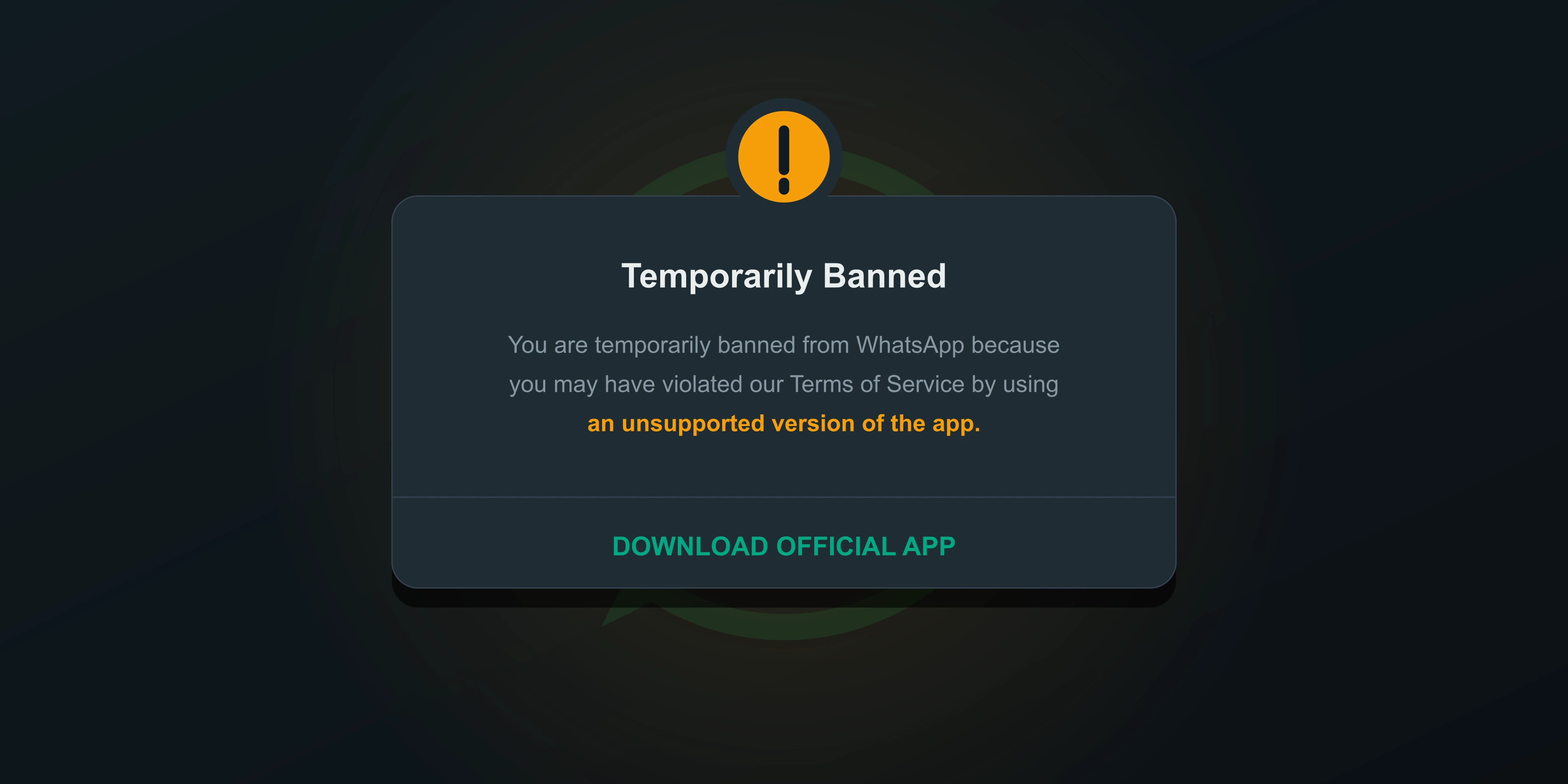 Warning screen showing a temporary ban from official WhatsApp due to using unauthorized third-party apps