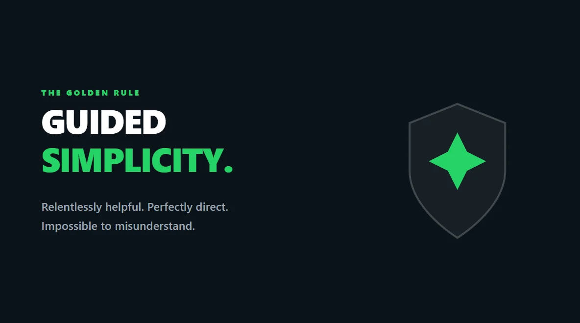Elegant typography over a glassmorphic shield declaring the golden rule of guided simplicity in chat.
