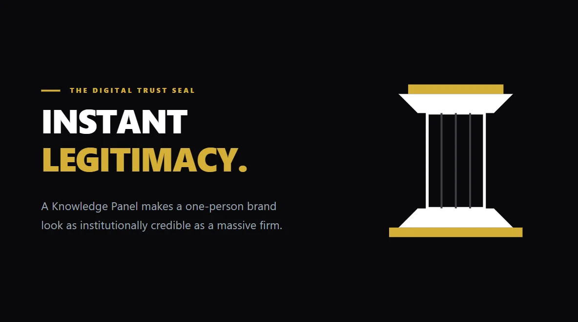 A golden engraved pillar representing the institutional credibility of a Google Knowledge Panel.