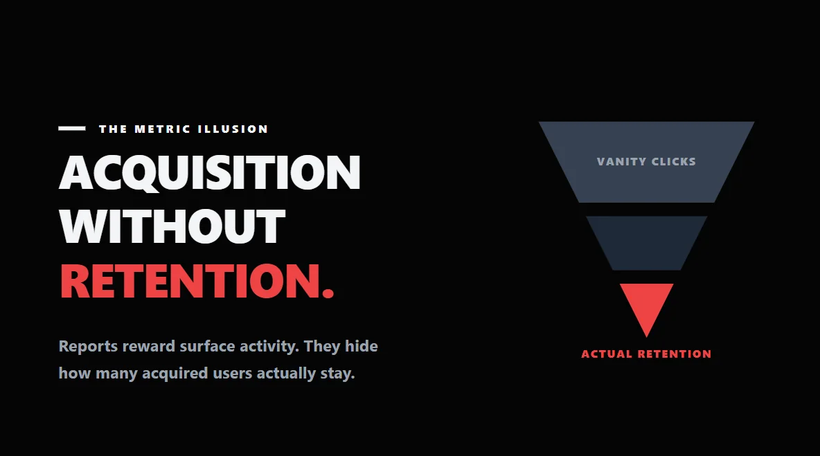 Data pyramid revealing the drop-off in user retention hidden behind vanity ad metrics.