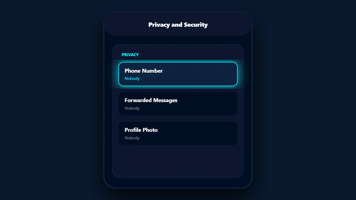 Mobile UI mockup displaying the exact 2026 Telegram privacy settings required to hide a phone number.