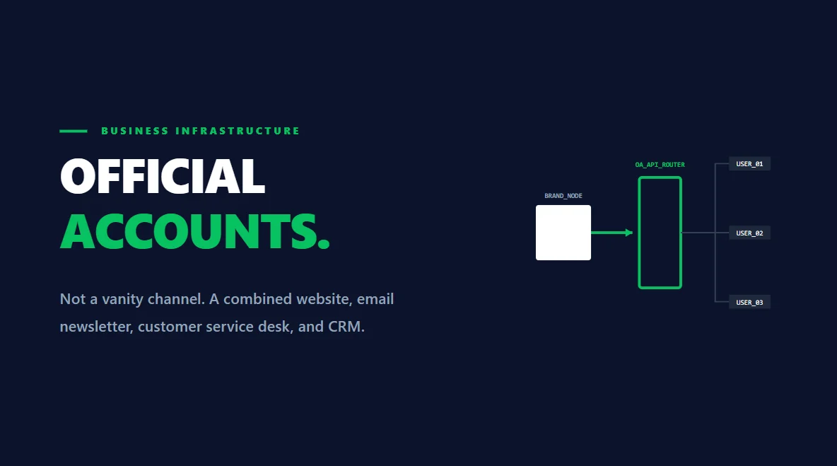 B2B CRM flowchart mapping the data connection between an Official Account and customer nodes.