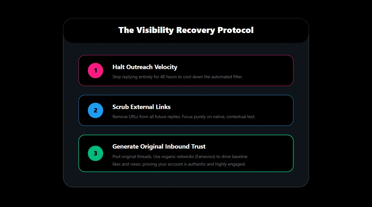 Step-by-step dashboard outlining the exact protocol to recover account trust and fix hidden replies on X.