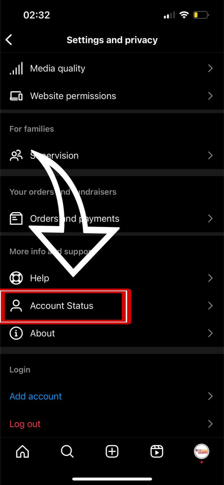 Checking account status on Instagram