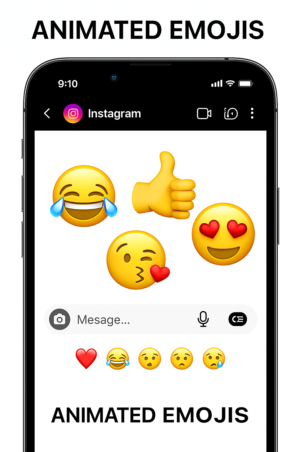 Instagram Direct Message screen showcasing the new animated emoji reactions feature, including heart eyes, thumbs up, and laughing emojis, introduced in 2025.