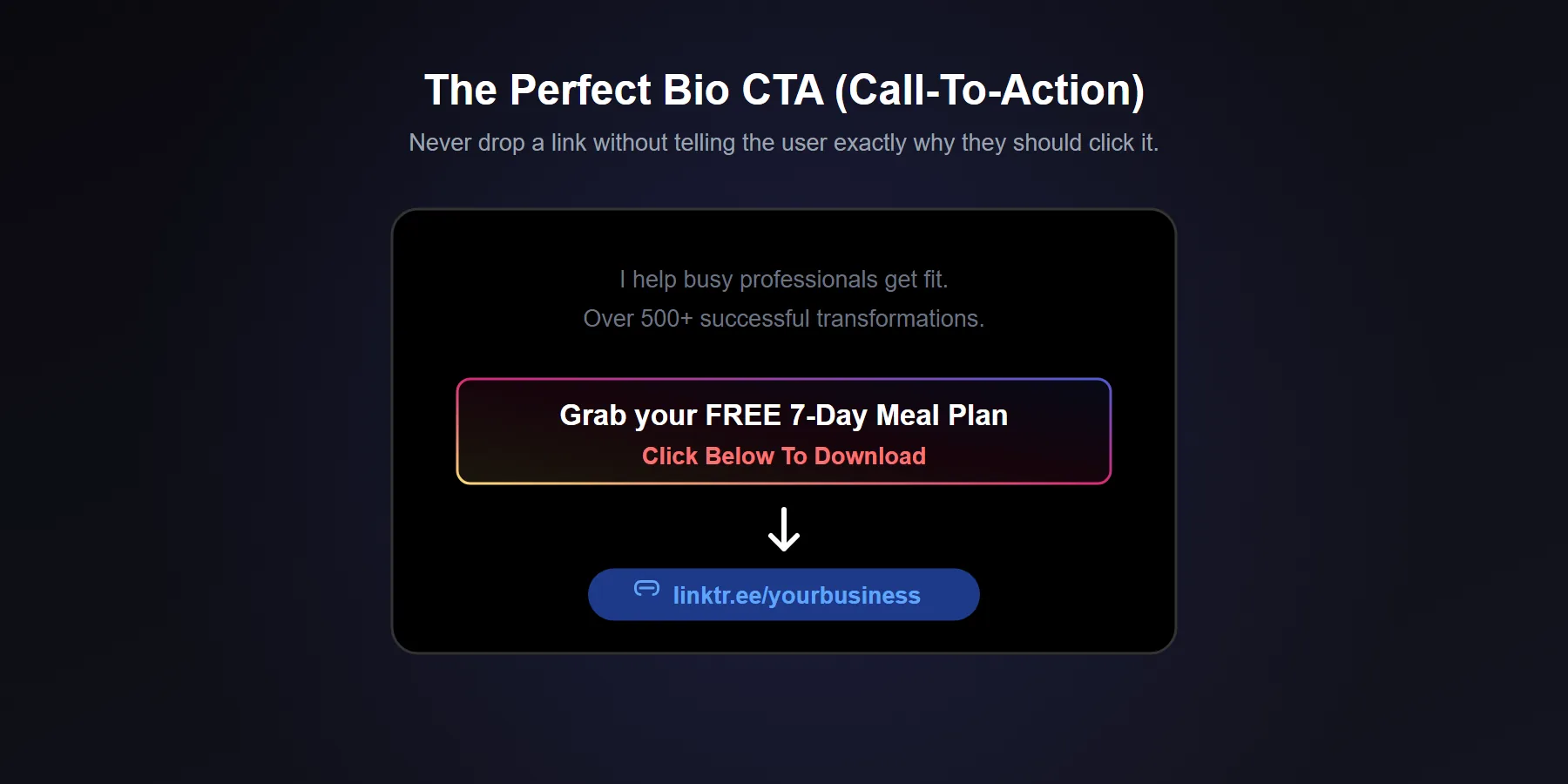 An example of a well-structured Instagram bio ending with a strong call-to-action pointing to a Linktree URL