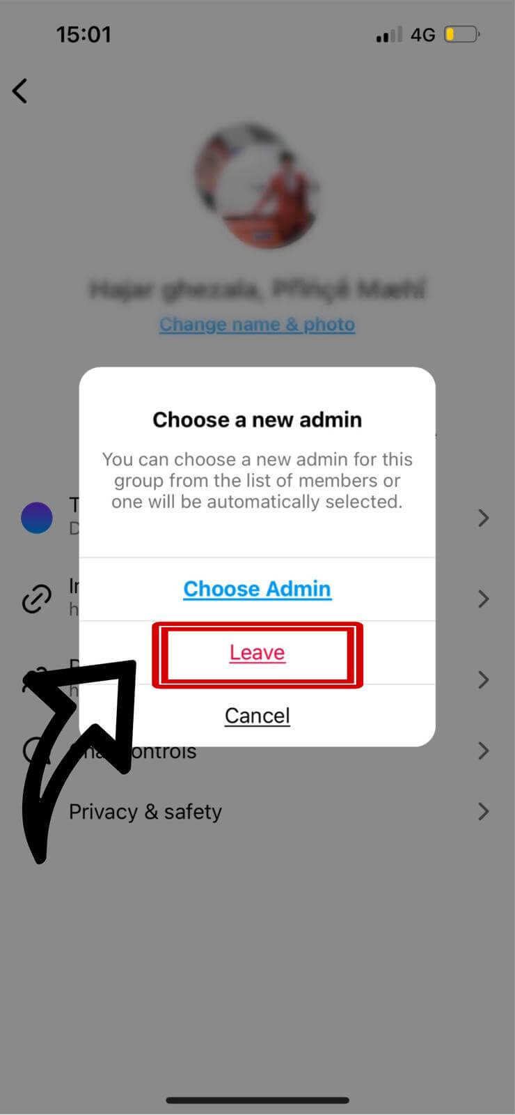 Confirming to leave the group chat on Instagram