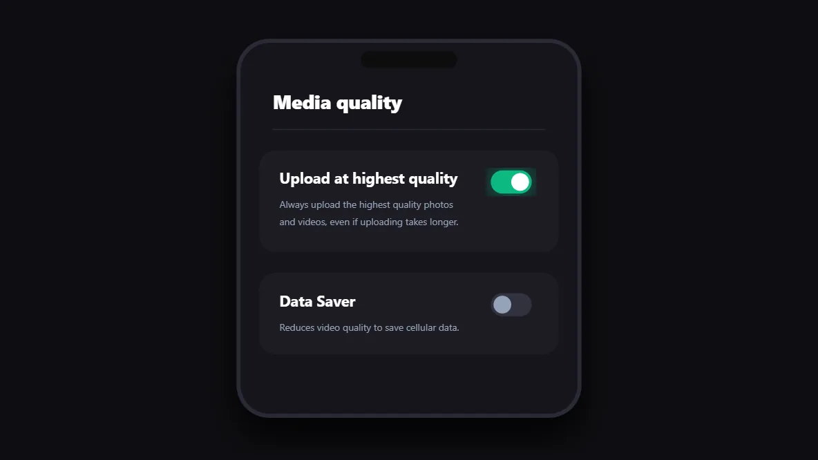 Mobile user interface displaying the Instagram high quality upload data setting toggle turned on.
