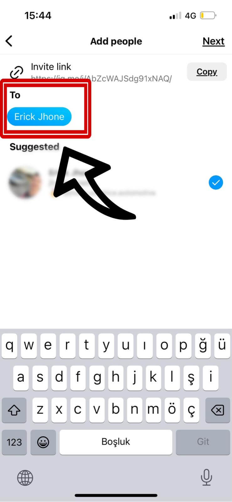 Searching for a user to add to an Instagram group chat