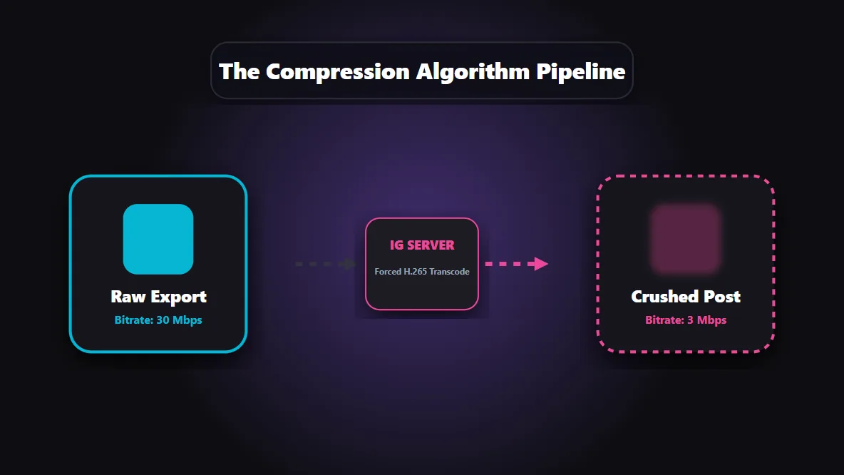 Diagram illustrating how the Instagram server compression algorithm reduces video bitrate and quality.