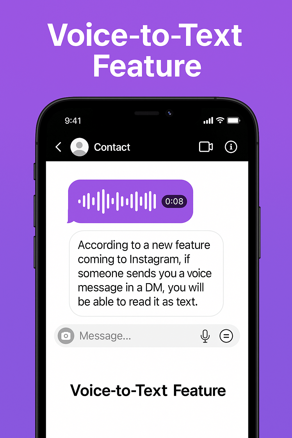 Instagram DM interface showing the new voice-to-text feature, which transcribes audio messages into readable text inside chats.