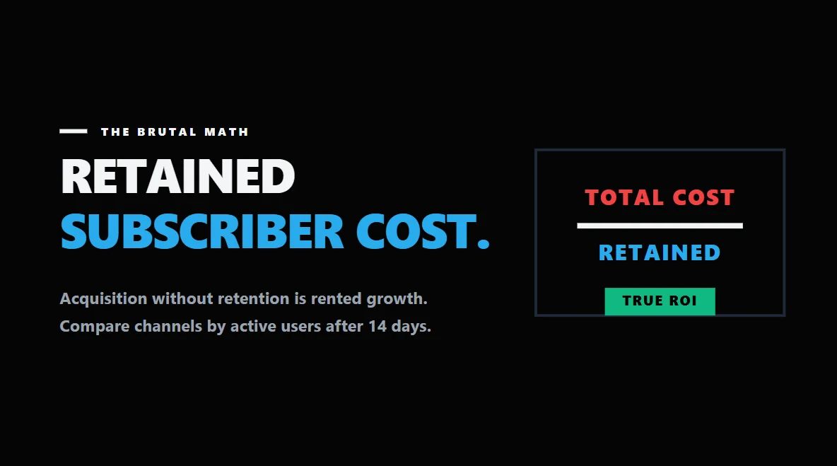 Sleek analytical formula graphic highlighting retained subscriber cost as the ultimate metric.