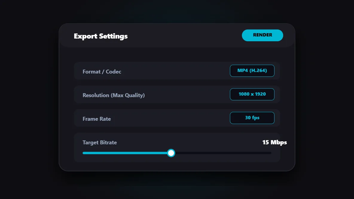 Software render interface showing the exact 1080x1920 vertical export settings for Instagram Reels.