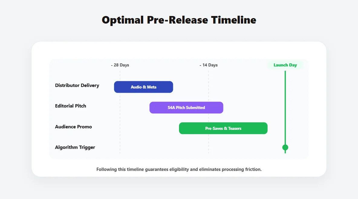 Advanced 3D Gantt chart visualization of the optimal 4 week pre-release timeline required for maximum Spotify algorithmic reach.