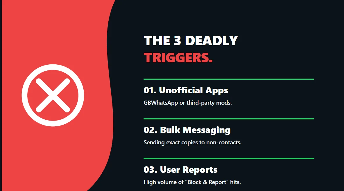Clean monoline vector illustration listing the top three triggers for a WhatsApp account ban.
