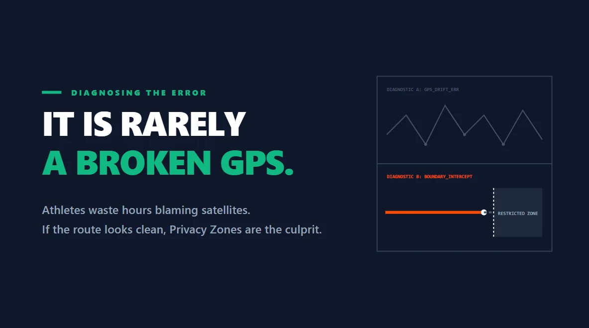 Diagnostic split-screen interface comparing erratic GPS drift against a clean route blocked by a privacy boundary.
