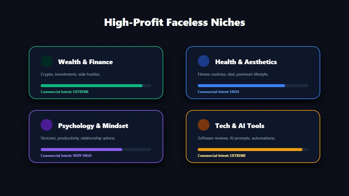 Data matrix analyzing the most profitable niches for faceless Instagram accounts based on commercial intent.