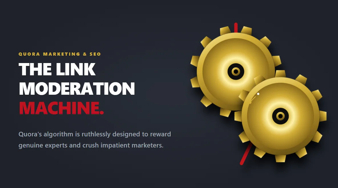 Photorealistic mechanical brass gears crushing a fragile red URL string.