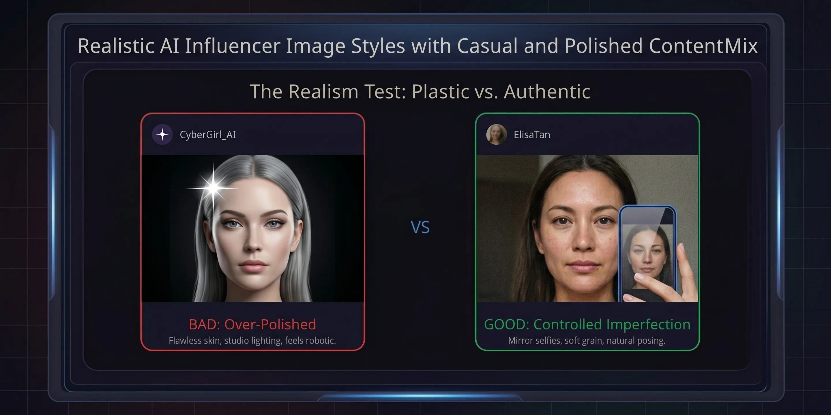 Realistic AI influencer image styles with casual and polished content mix