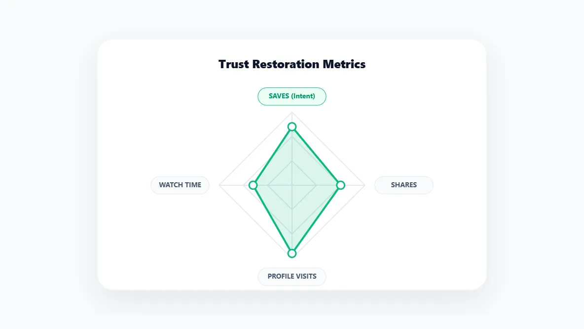 Radar chart visualizing the critical engagement signals required to rebuild algorithmic trust and profile authority.