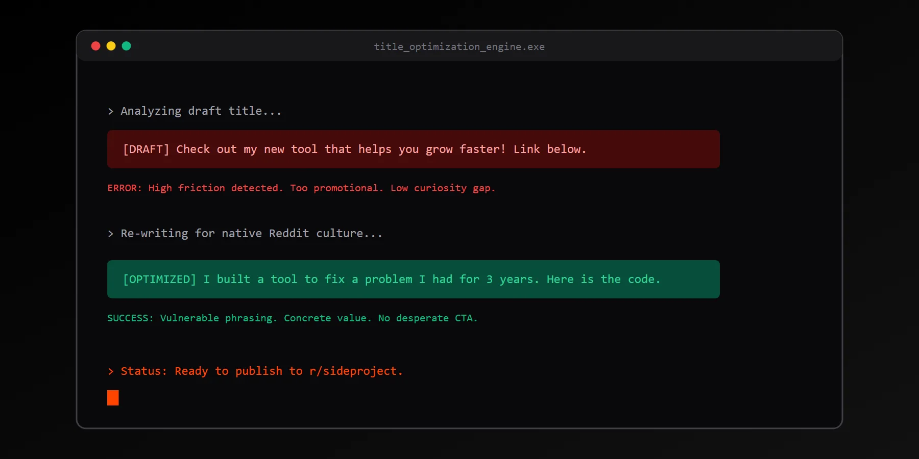 Terminal UI showing how to split-test and optimize a Reddit post title