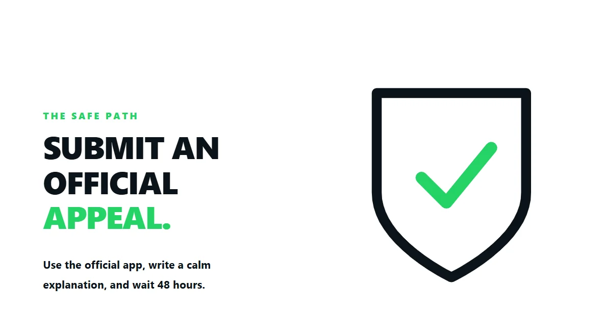 Fluid layout detailing the safe, official steps required to submit a review and unblock a WhatsApp number.