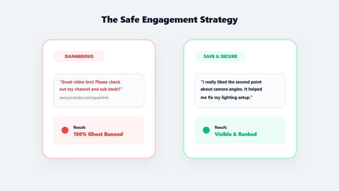 Strategy breakdown interface detailing how to format safe replies that bypass automated platform filters.