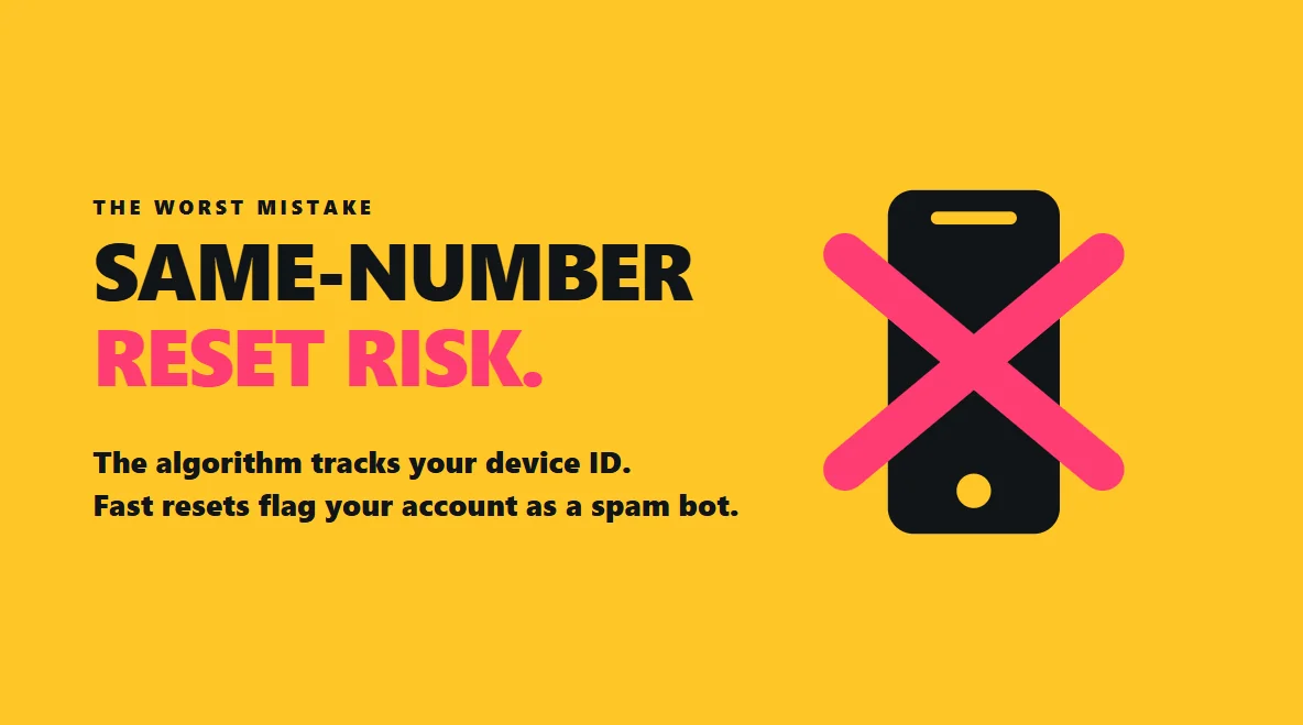 A flat black smartphone locked by a giant pink warning chain, symbolizing the reset risk.