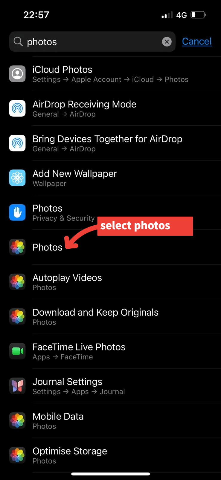 Search for Photos in iPhone Settings